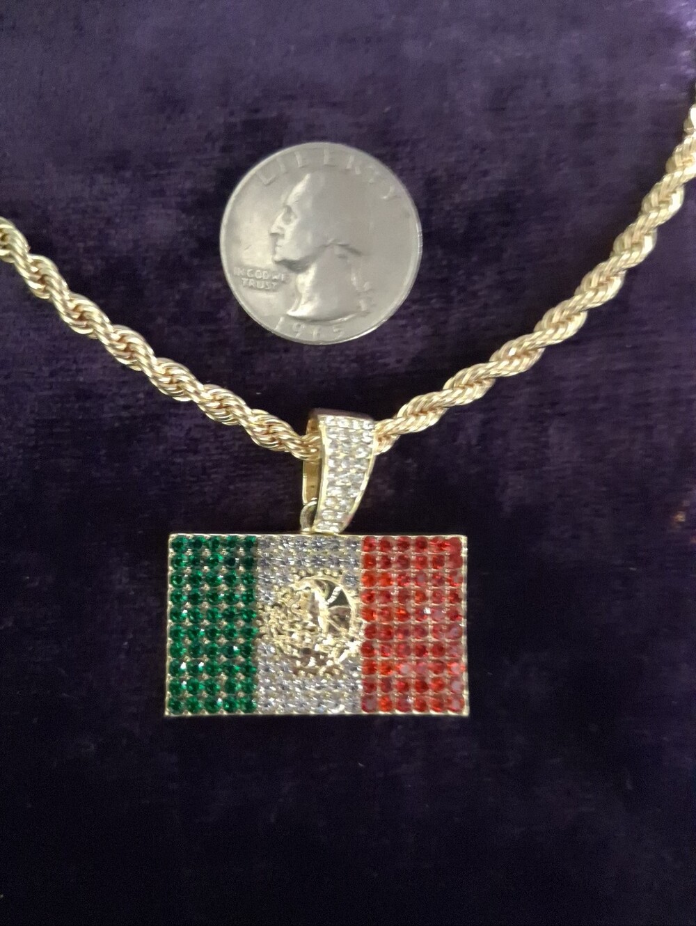 Gold-Tone Mexican Flag Pendant Necklace with Green, White & Red Stones